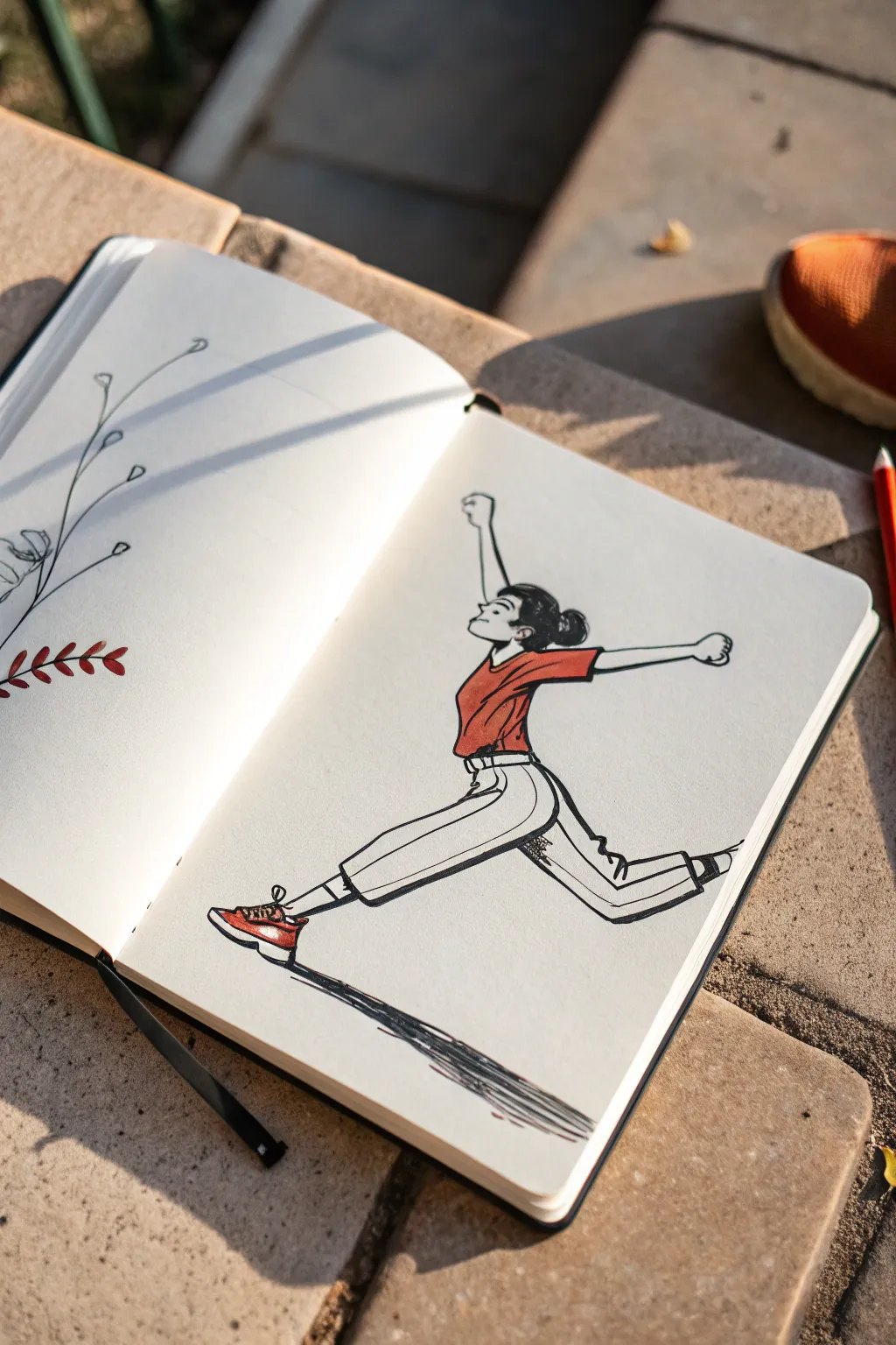 Dynamic action pose sketch: bold gesture line, clean motion arcs, minimal details, high contrast