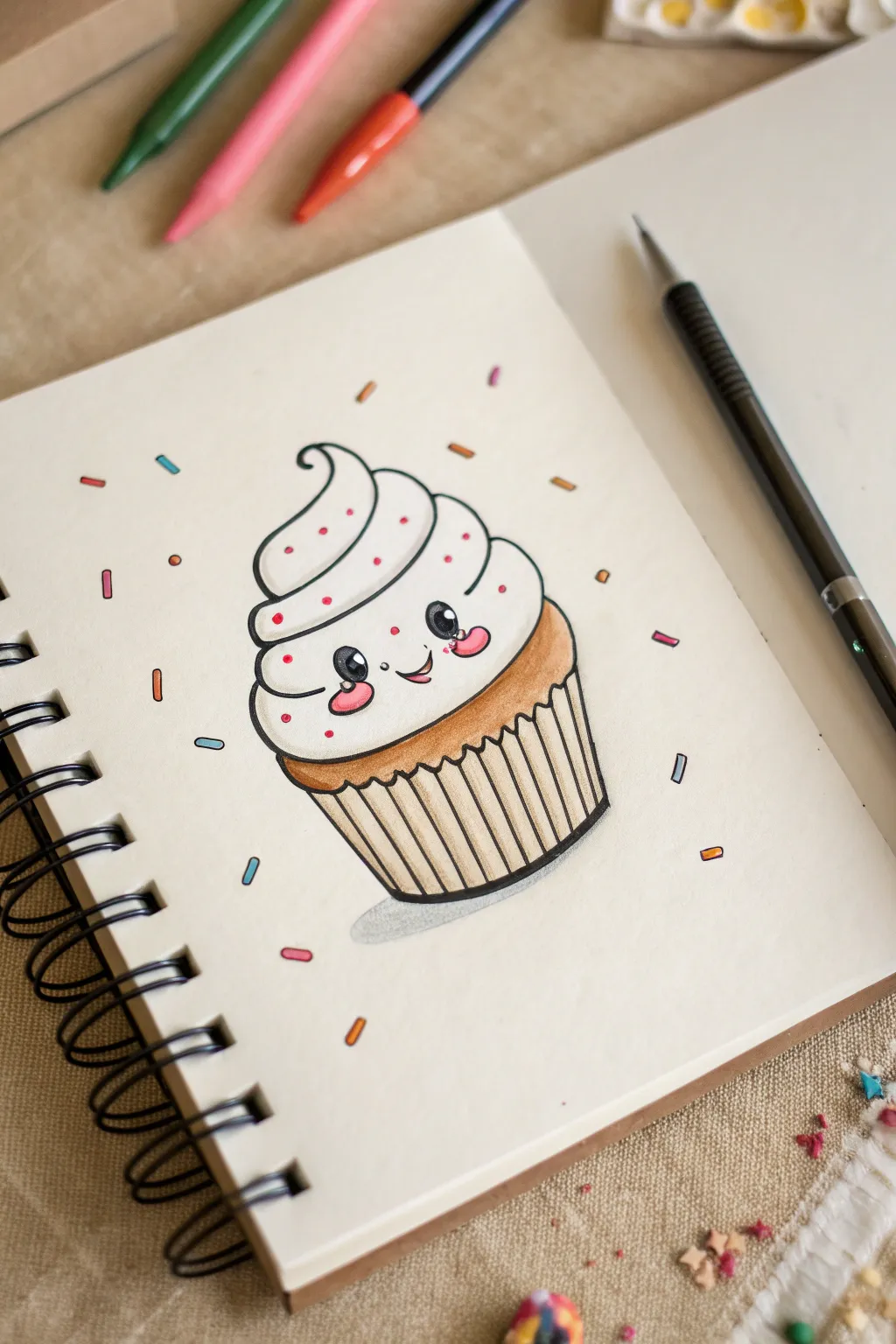 Easy cupcake drawing idea: swirl frosting, cute kawaii face, and sprinkles with bold clean lines