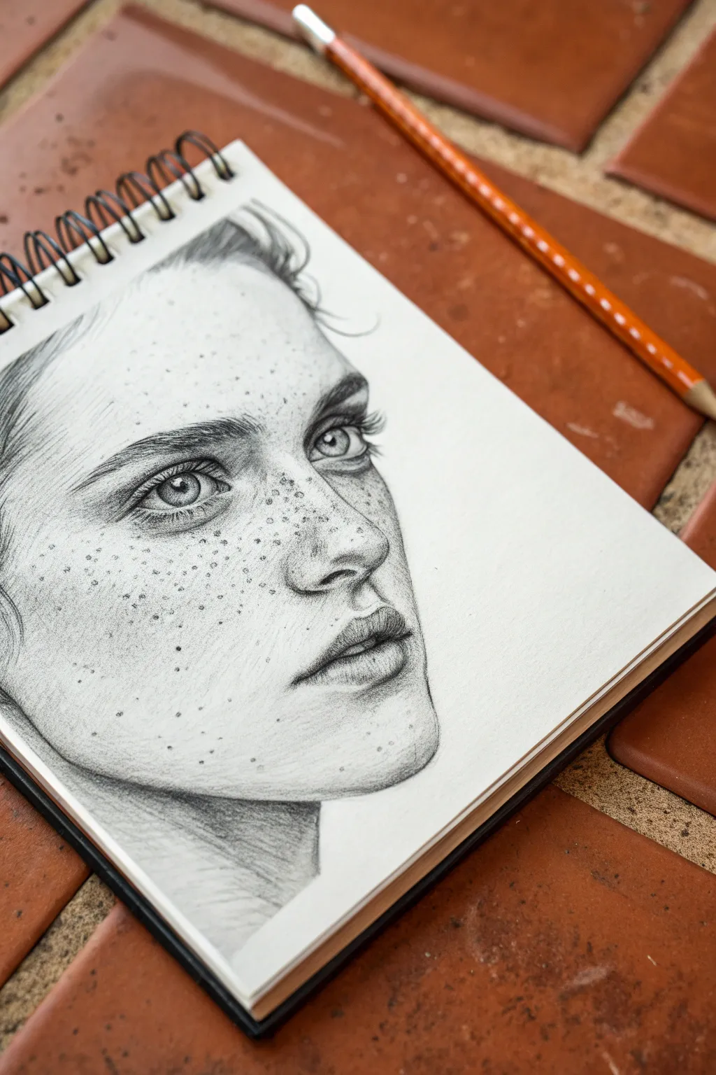 Graphite freckles and skin texture study, softly blended shading with crisp pore details.