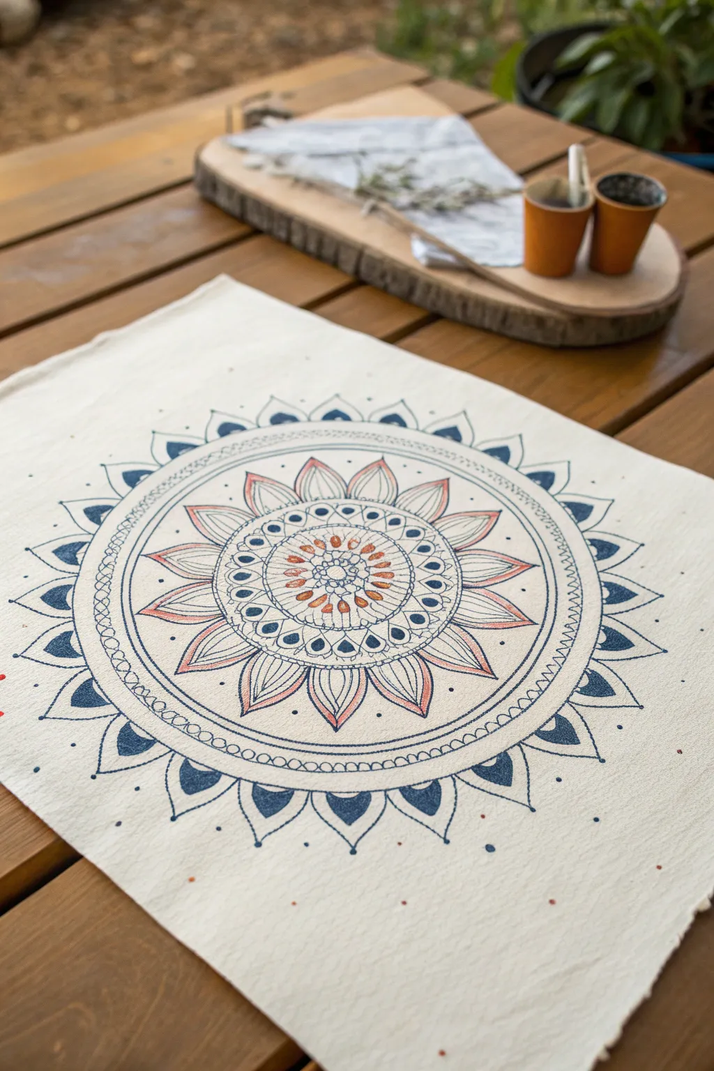 Minimal mandala rings in bold ink, repeating petals and triangles for calming drawing ideas