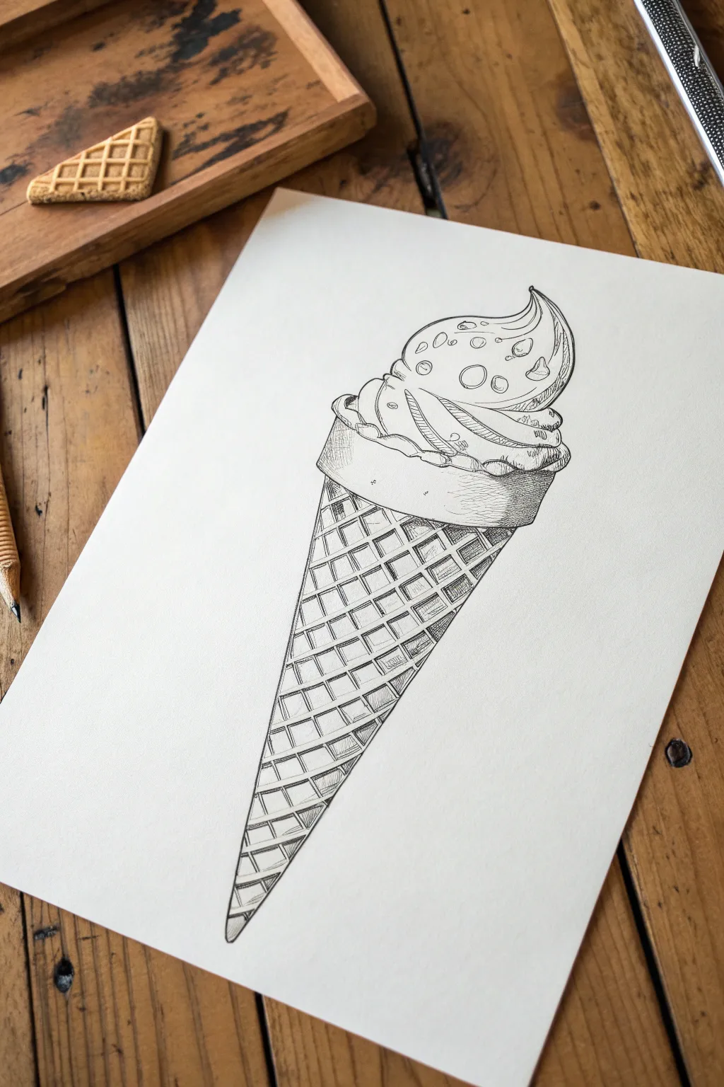 Step-by-step ice cream cone sketch with triangle guides, bold outlines, and warm shaded depth