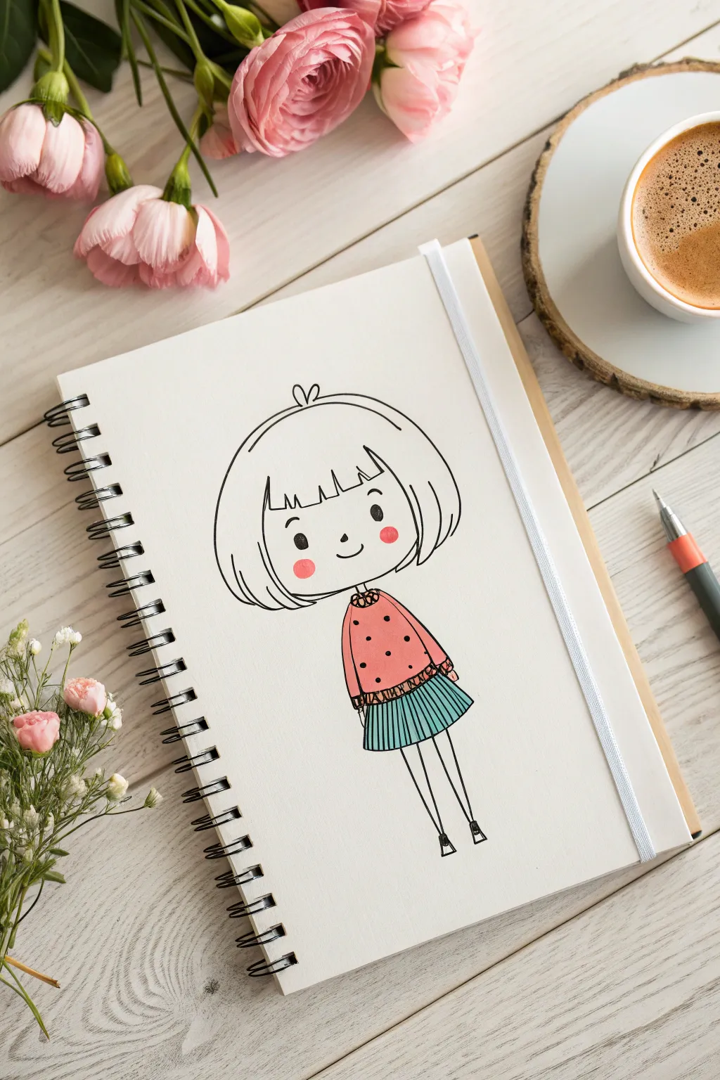 Big-headed chibi girl sketch in a simple sweater and skirt, minimal face, bold cozy colors
