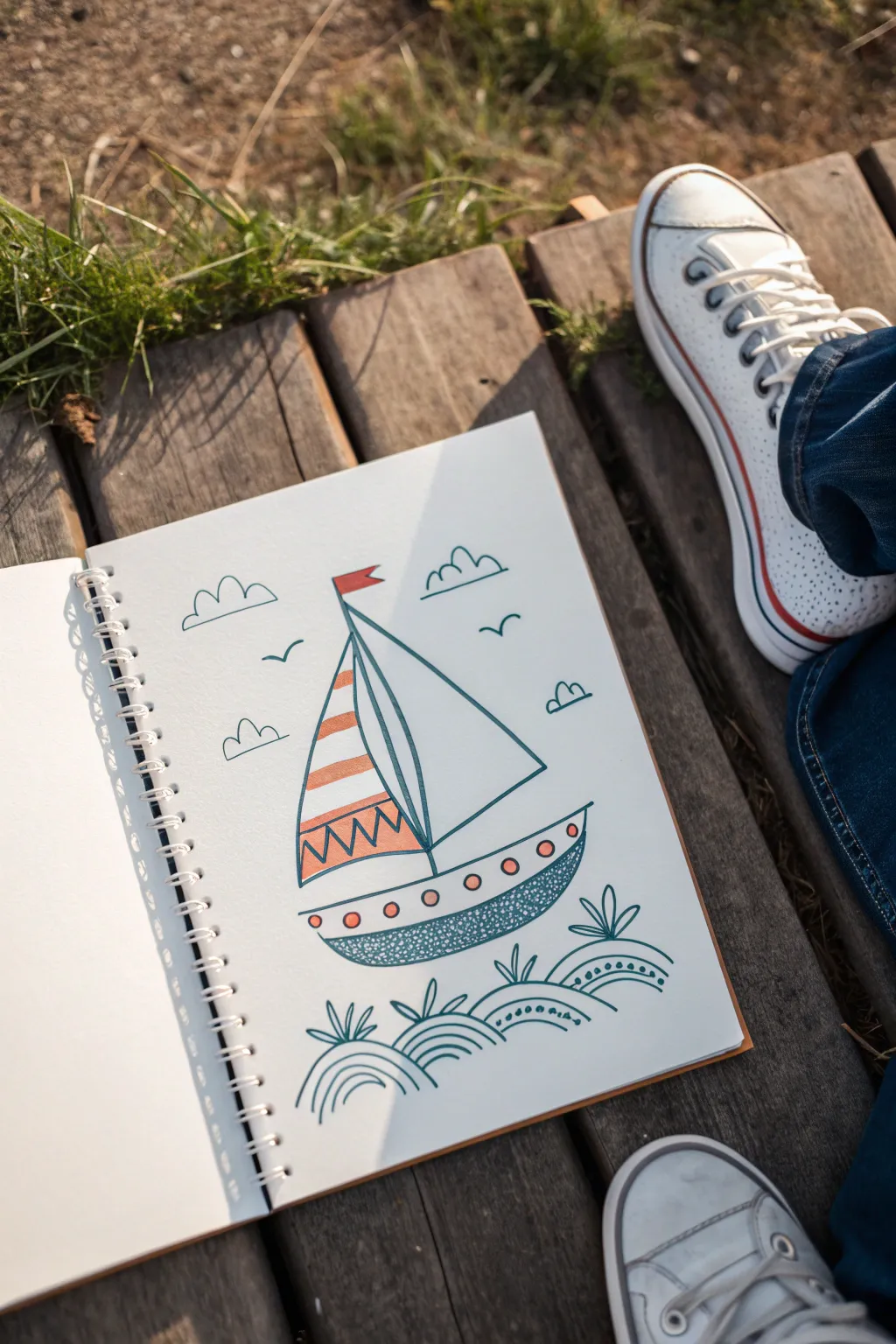 Easy sailing boat on wavy lines, with cute stripe and dot sail patterns kids can personalize