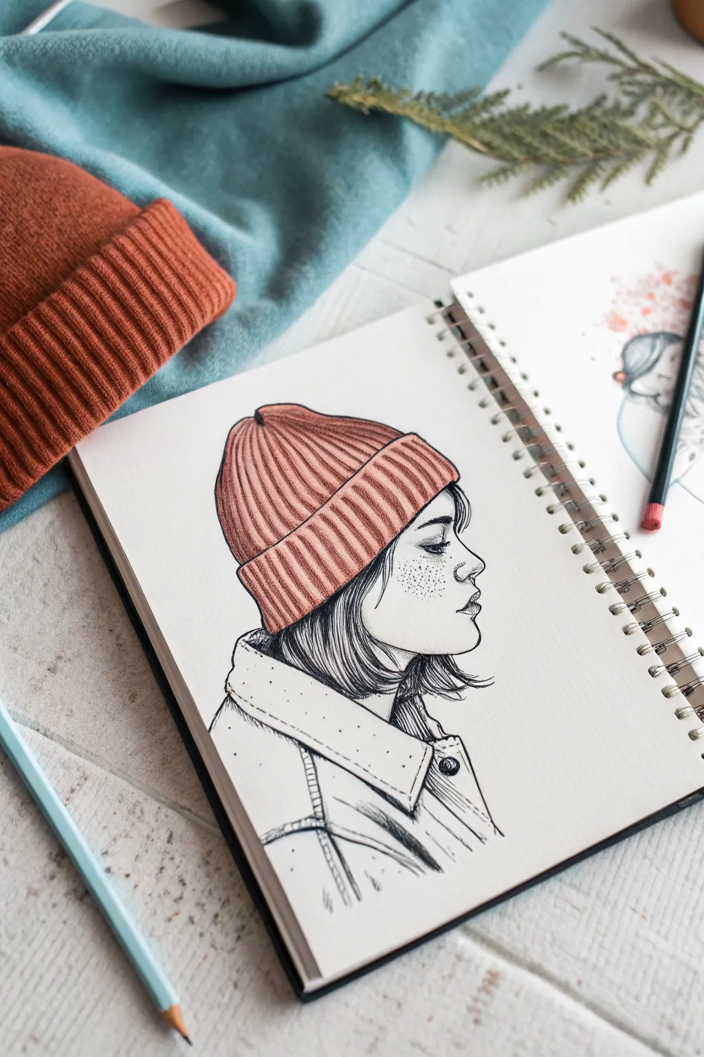 Simple head-shape sketch: cozy girl in a beanie with hair gently compressed for easy practice