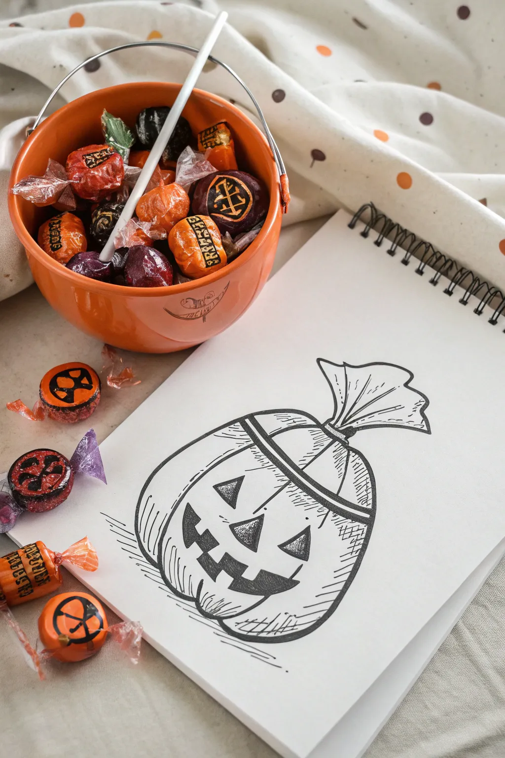 Halloween drawing idea: pumpkin candy bucket bursting with colorful treats and glossy highlights