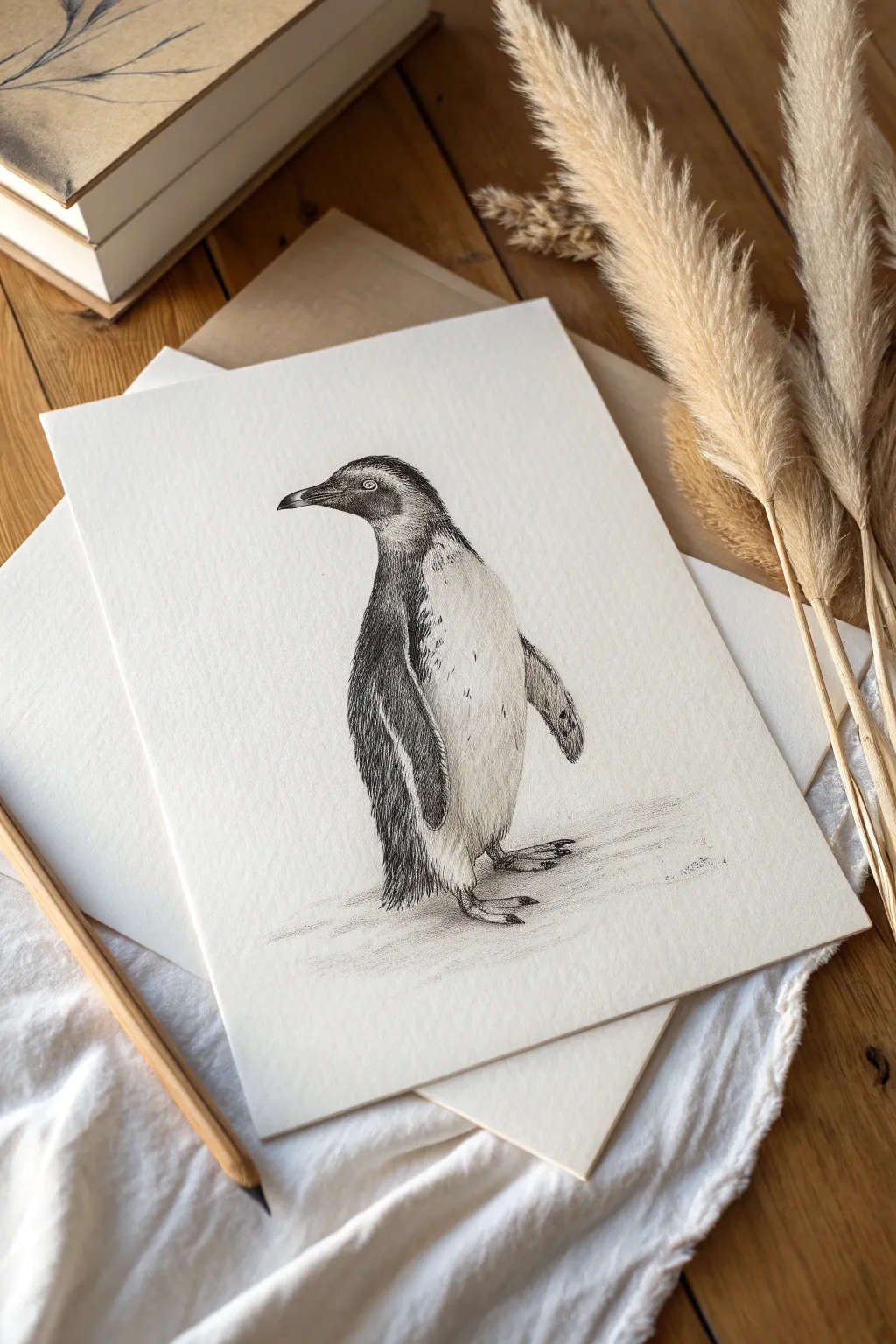 Soft-shaded realistic penguin sketch with subtle cross-hatching, minimalist Scandinavian-boho style