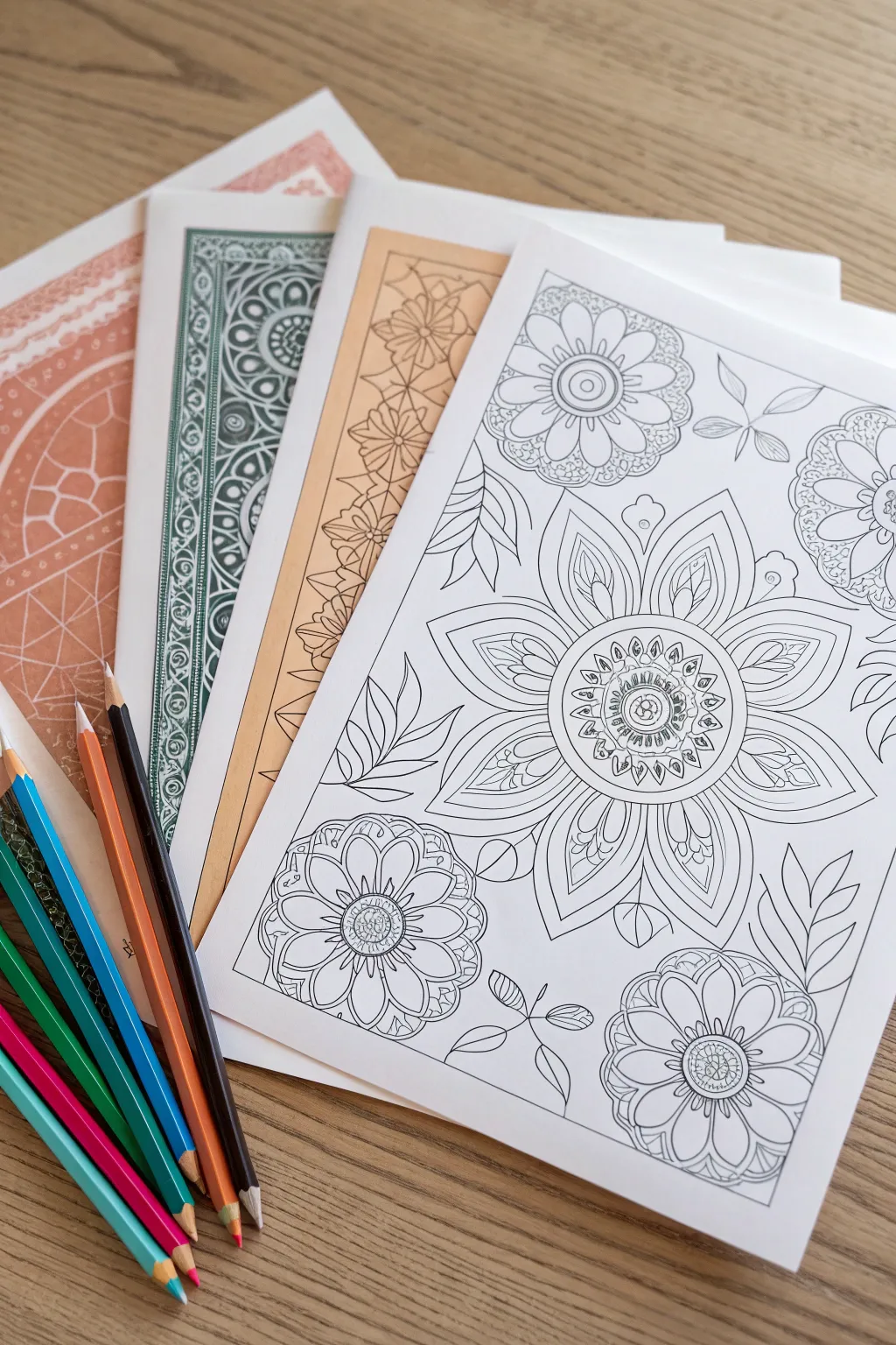 Adult coloring page bundle preview: crisp line art stack with one bold, partially colored page