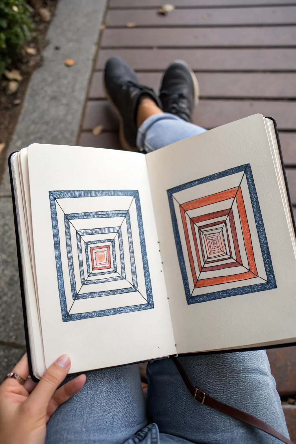 Two facing mirrors in simple lines, repeating into an infinite tunnel of depth and calm.