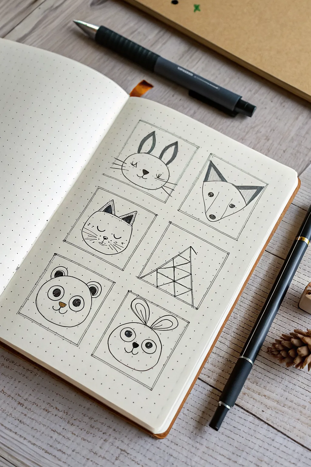 Cute animal heads from basic shapes: 6-step grid sketch for easy, beginner-friendly practice