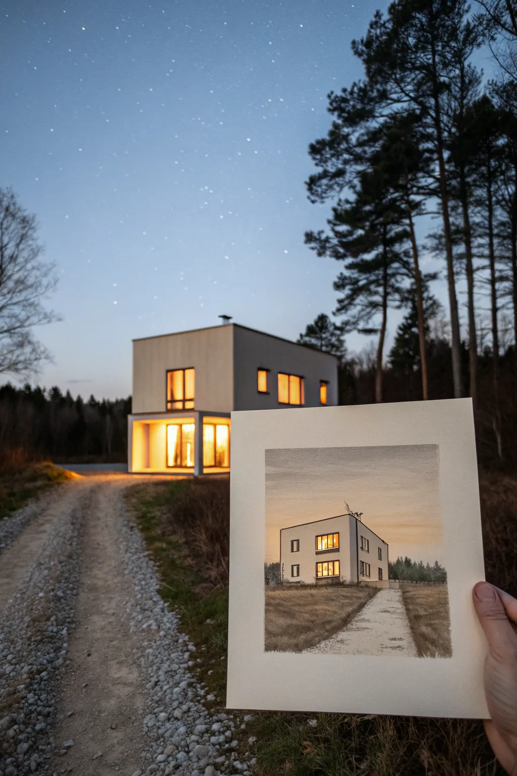 Nighttime modern house drawing idea with deep dusk tones and warm glowing windows, clean and cozy