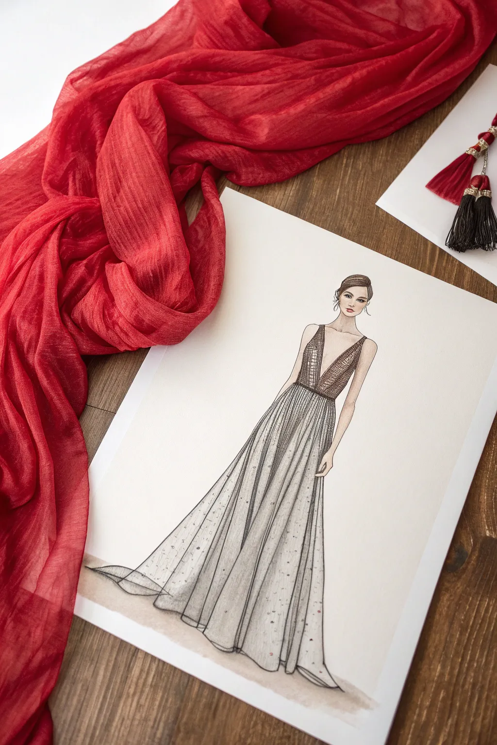 Deep V-neck gown sketch with delicate illusion mesh, minimalist lines and bold ruby color contrast.