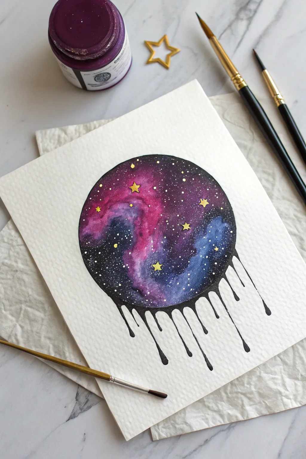 Explore the cosmos with this mesmerizing liquid galaxy orb drip art inspiration.
