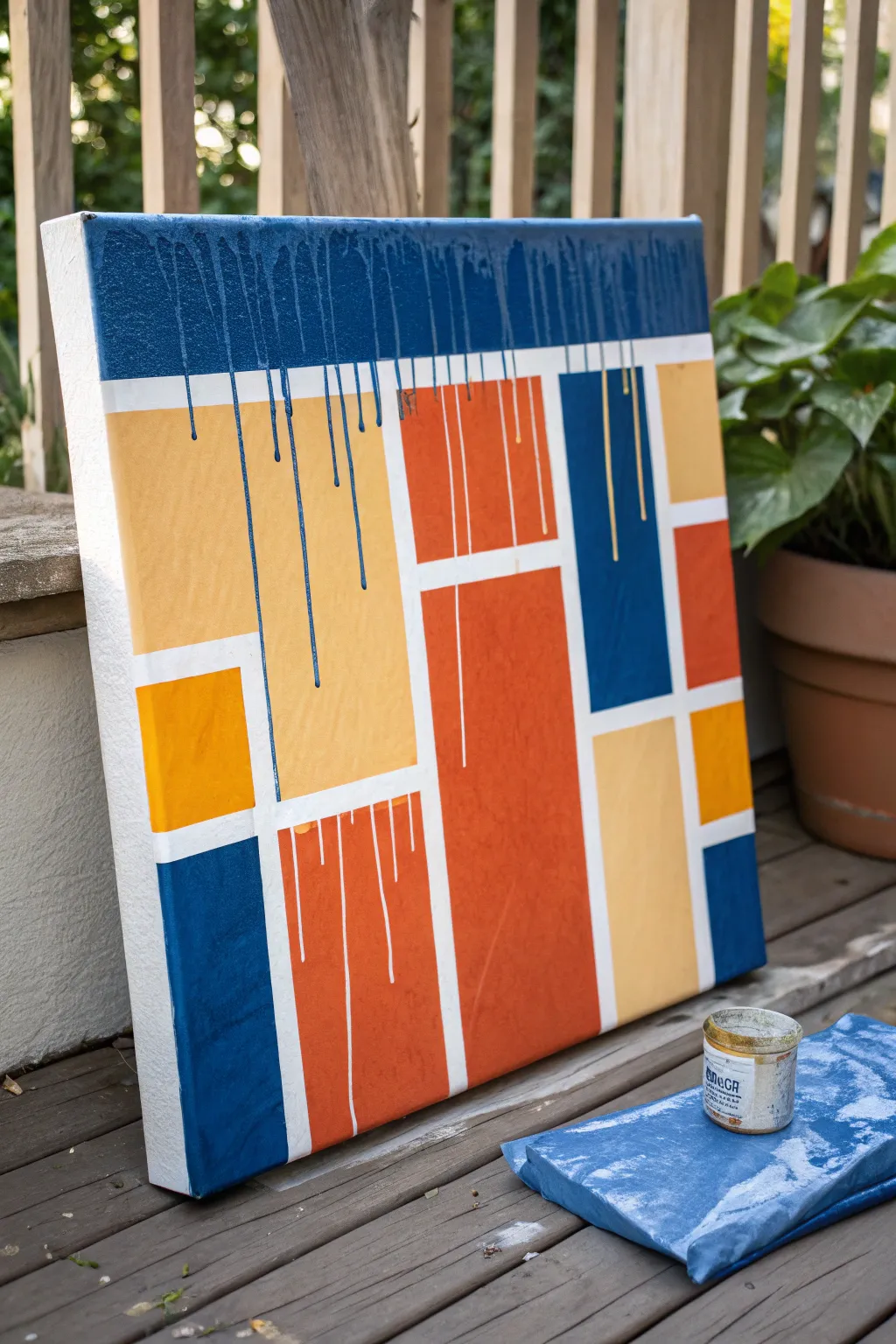 Clean geometric tape-resist blocks with bold drips flowing only in open channels