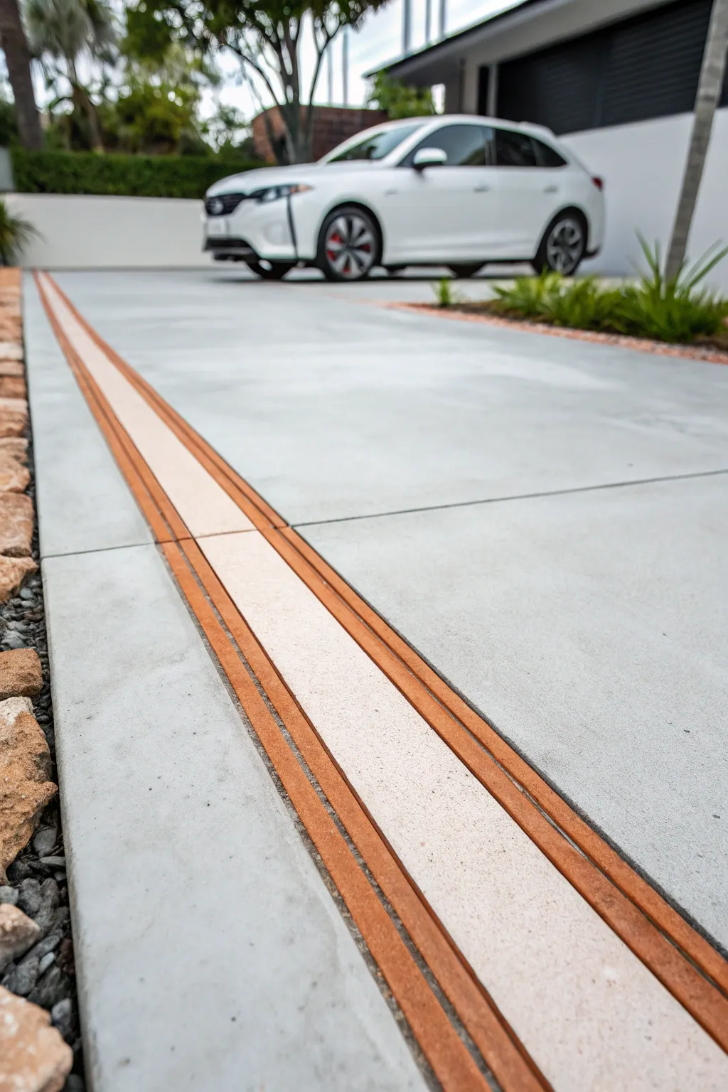 Stylish neutral parking guide stripes that elevate your driveway, with a car showing perfect alignment.