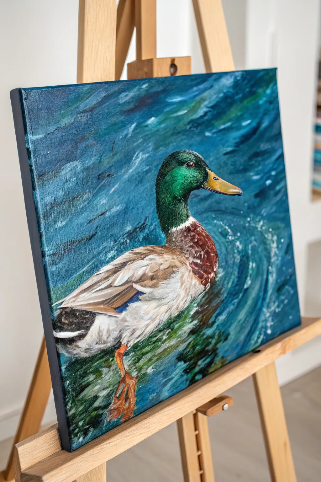Try a palette knife mallard: thick impasto ridges and bold teal water for instant texture.