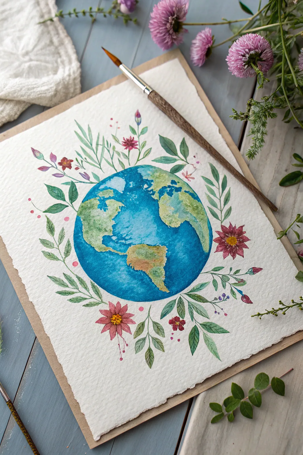 Earth as a flower bloom: a minimalist blue-green watercolor globe with delicate boho linework
