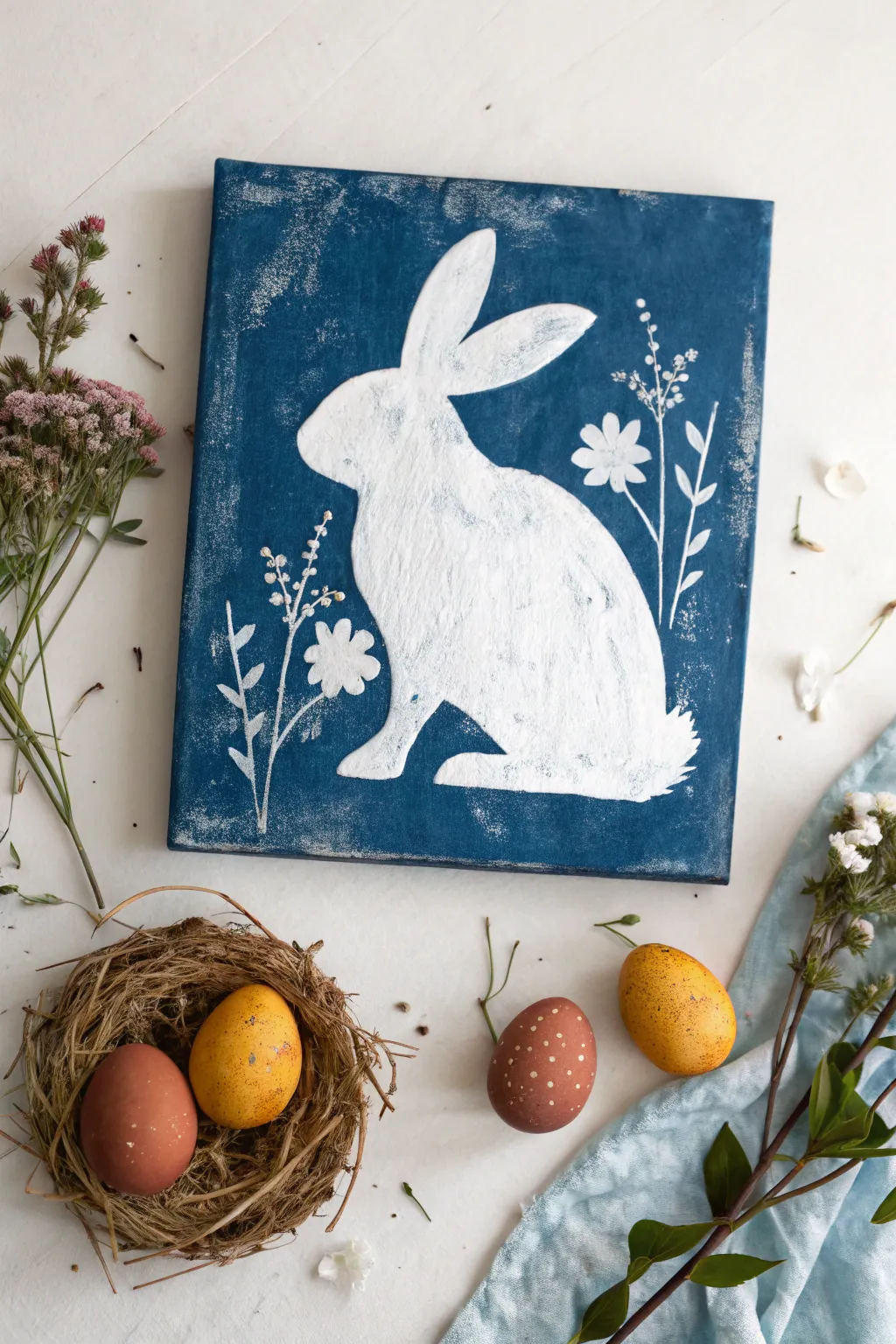 Mixed-media Easter bunny canvas with pressed flowers for a chic minimalist-boho spring vibe.
