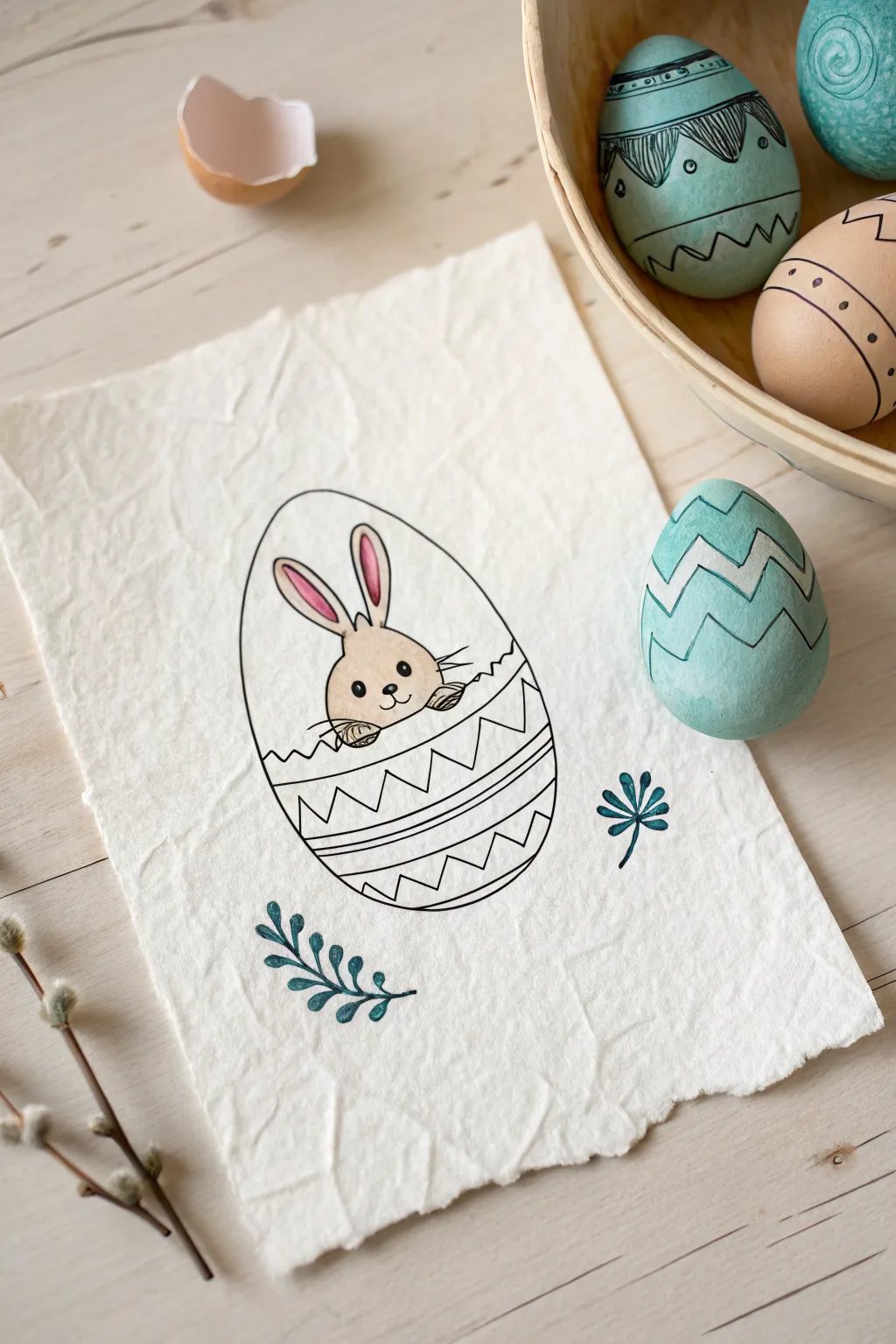 Simple Easter doodle: bunny peeking from a cracked egg, minimalist lines and bold boho colors