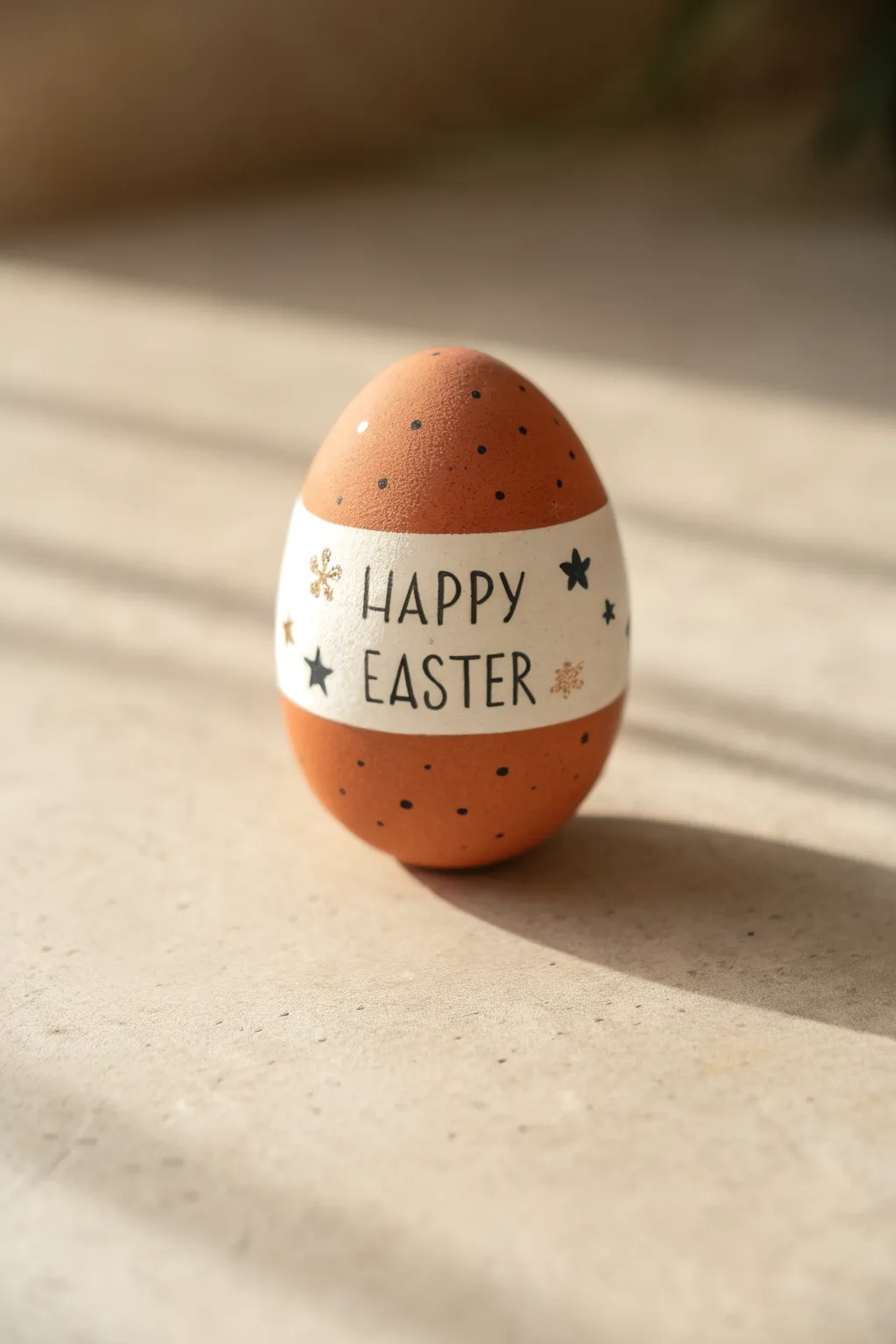Minimal boho Easter egg with hand-lettered Happy Easter and tiny stars, bold contrast on a calm backdrop