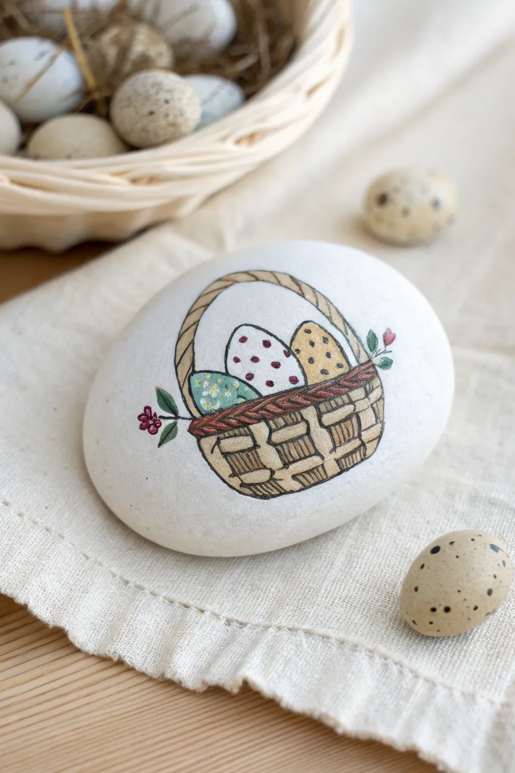 Basket of Eggs rock: woven Easter basket design with tiny patterned eggs in bold spring colors