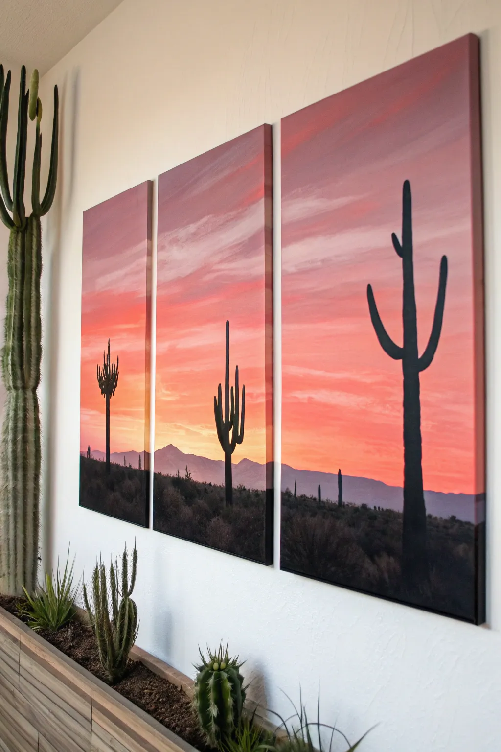 Easy desert sunset triptych: warm gradient sky and cactus silhouettes for a simple 3-panel painting