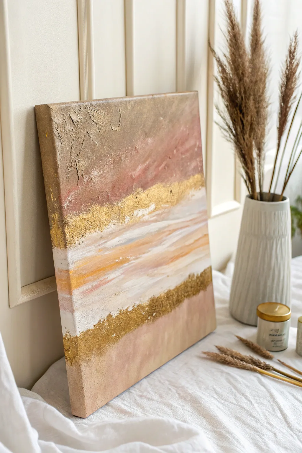 Warm neutral abstract canvas with glowing metallic accents in soft window light