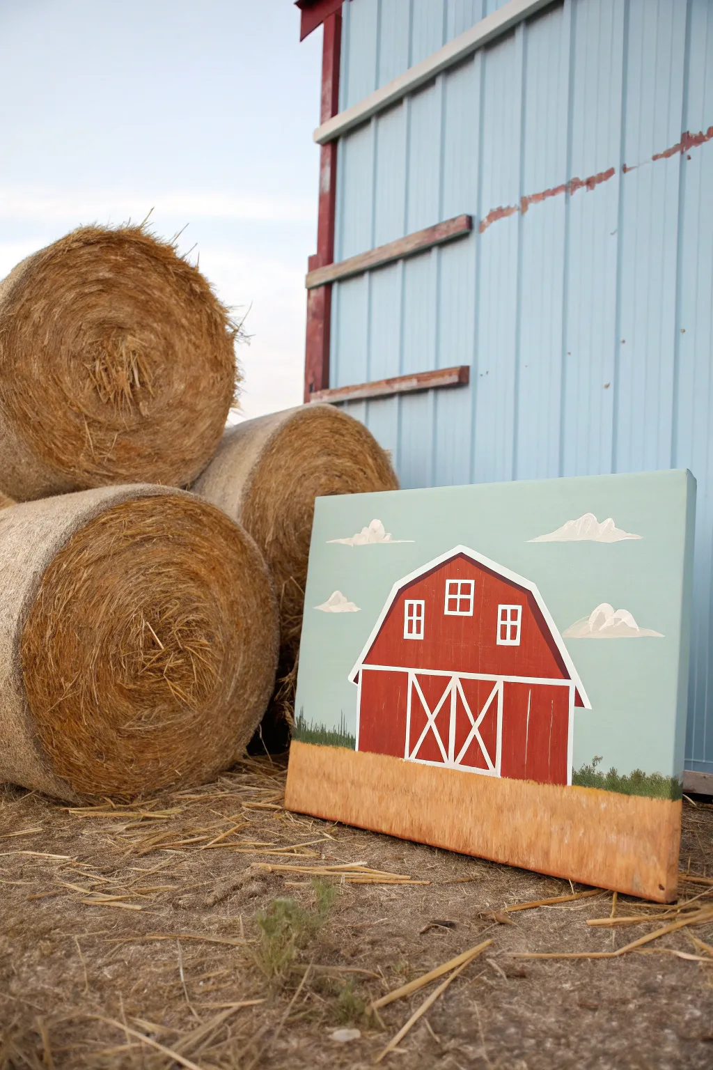 Simple barn painting: bold red barn and blocky hay bales for an easy minimalist project
