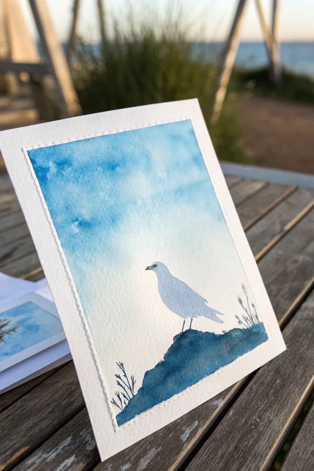 Negative-space bird watercolor: crisp white silhouette against a serene blue sky wash