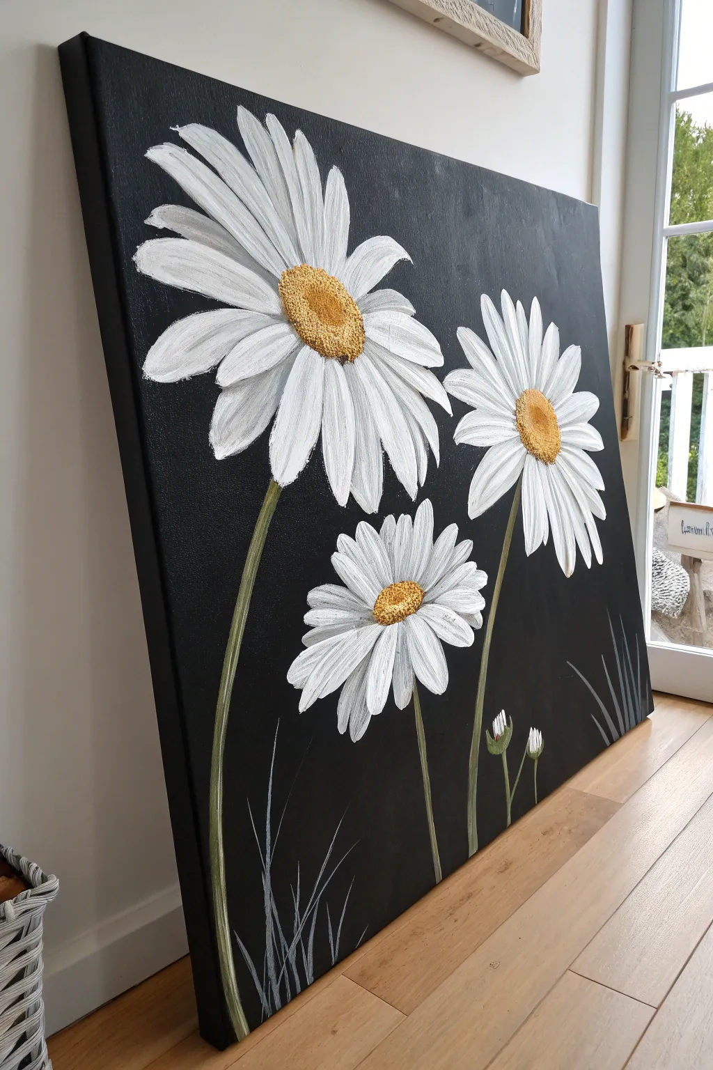 Bold white daisies with soft gray shadow petals on a deep black canvas, minimal Scandinavian boho