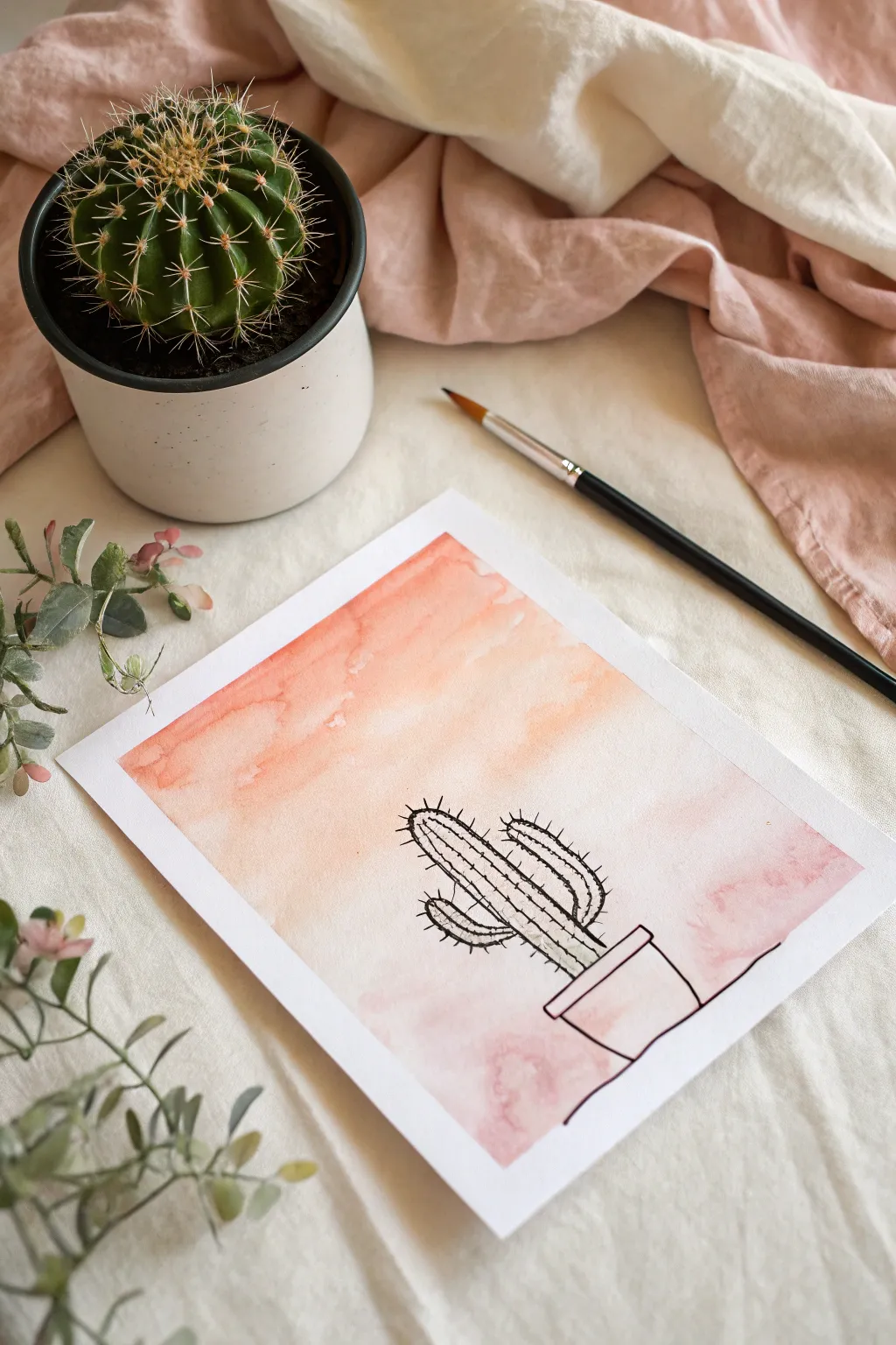 Minimal line cactus over a peach watercolor wash for an easy, modern cactus painting idea