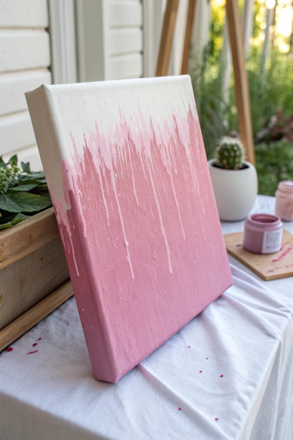Clean blush base with bold fuchsia drips for an easy modern pink canvas look