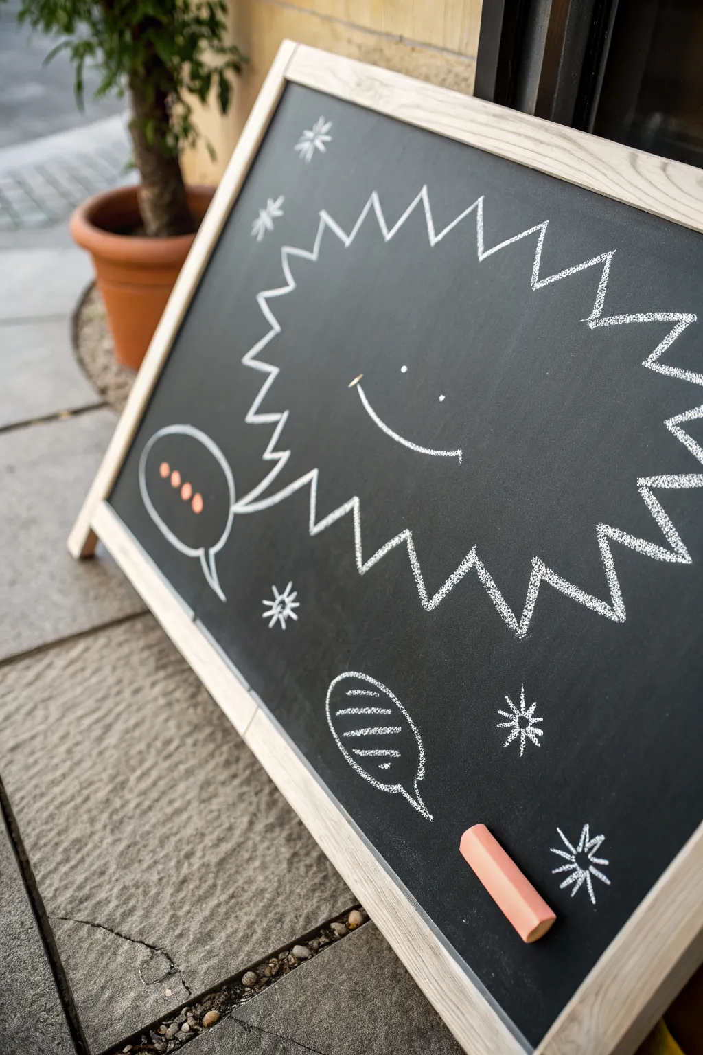 Minimal chalk speech bubble with a cute tiny character, bold contrast and easy to recreate
