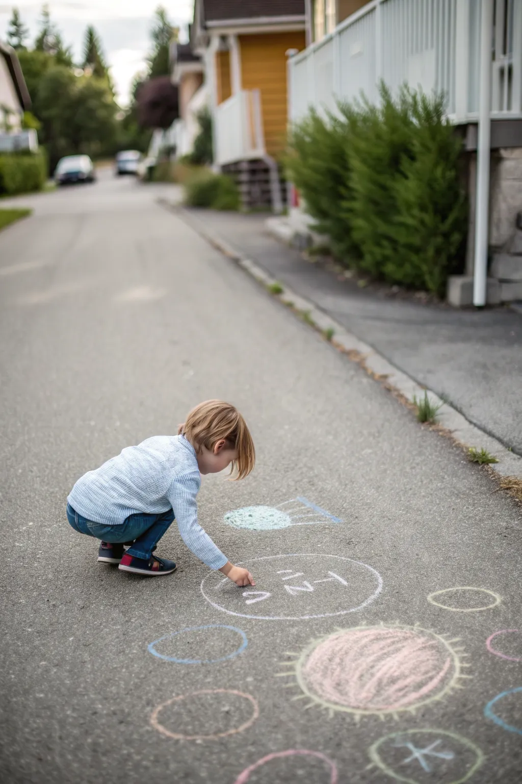 Colorful chalk dot balance-and-reach game that gets kids moving on the driveway