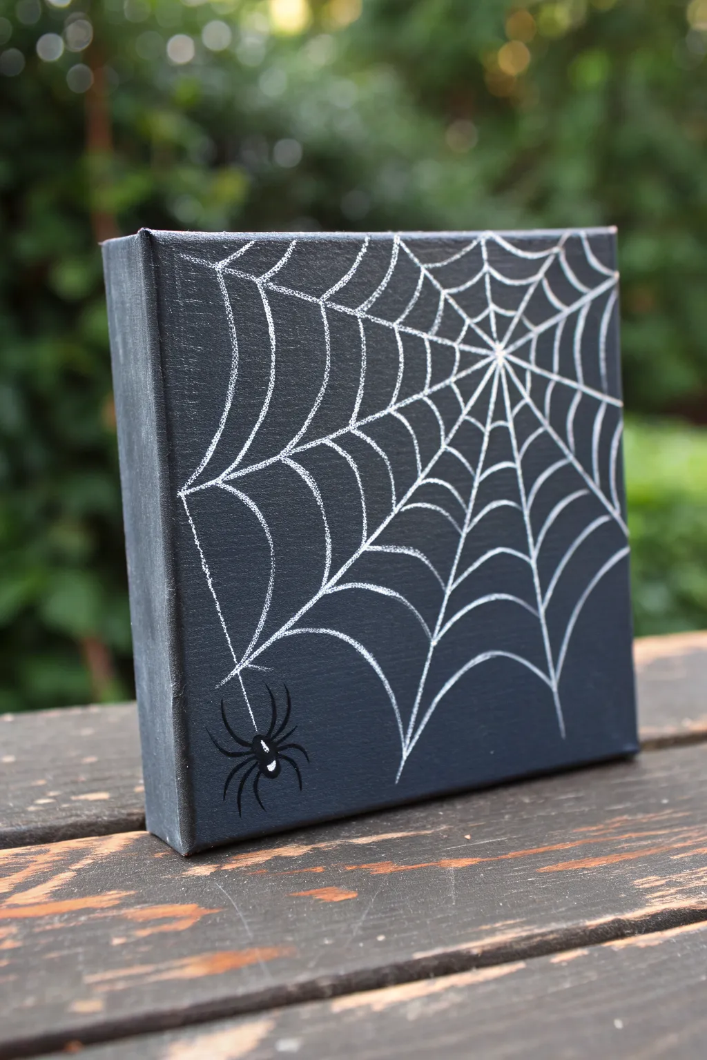 Minimal spiderweb corner acrylic idea: crisp white web on a dark canvas with one tiny spider.