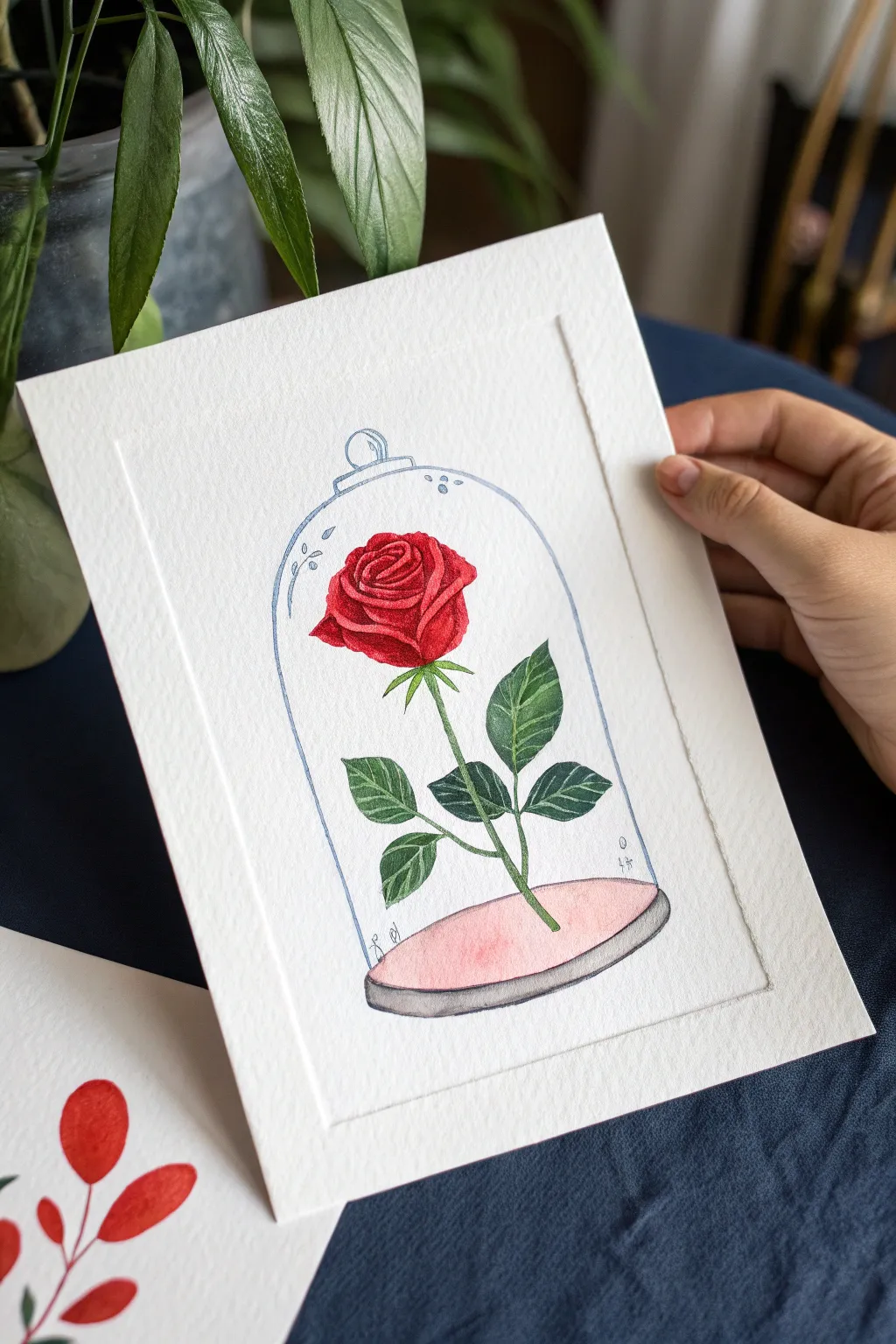 Paint a bold enchanted rose under glass with simple shapes and high-contrast minimalist style