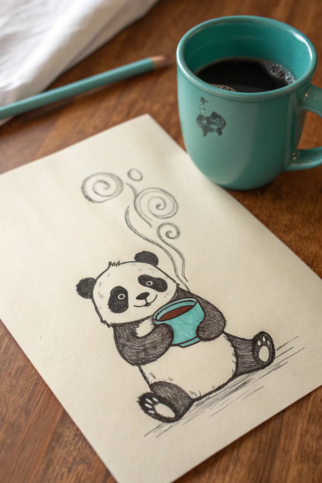 Cozy panda drawing idea: hugging a warm mug with gentle steam curls in minimalist style
