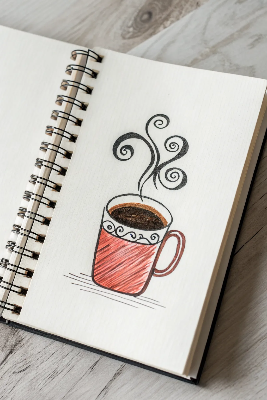 Cozy coffee cup doodle with simple steam swirls, bold accent color, and clean minimalist contrast
