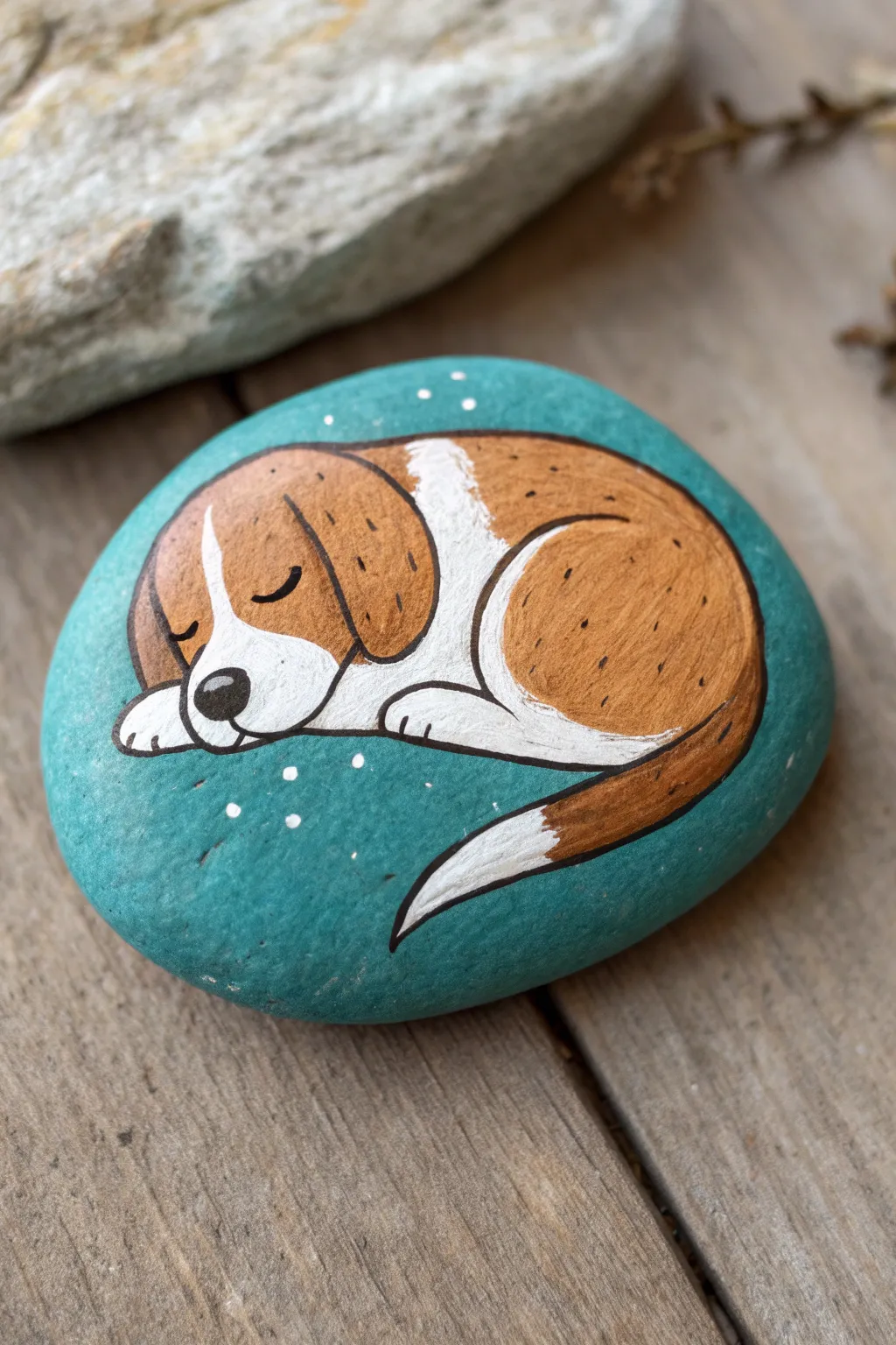 Oval rock art: a curled sleepy pup in bold terracotta on deep teal, clean minimalist boho.