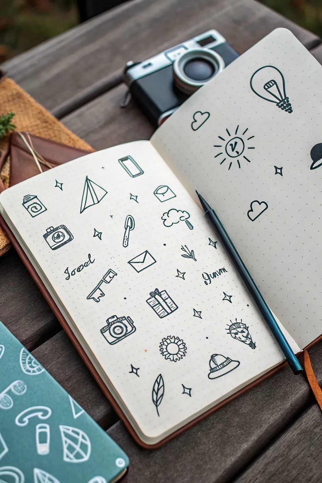 Minimal mini icon doodles for everyday objects, clean lines and bold boho color accents.