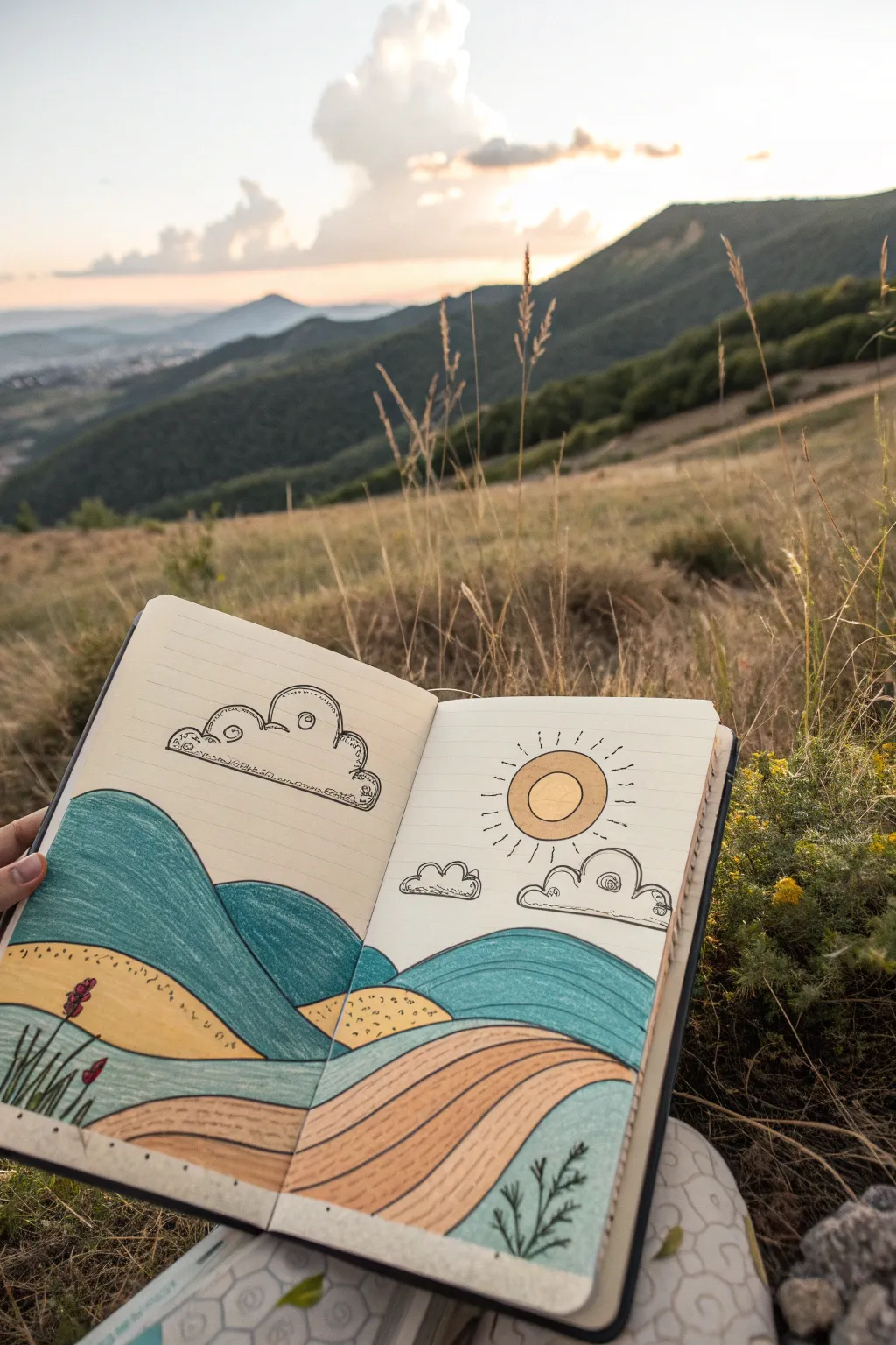 Whimsical layered hills drawing idea: simple shapes, bold color blocks, easy depth for kids