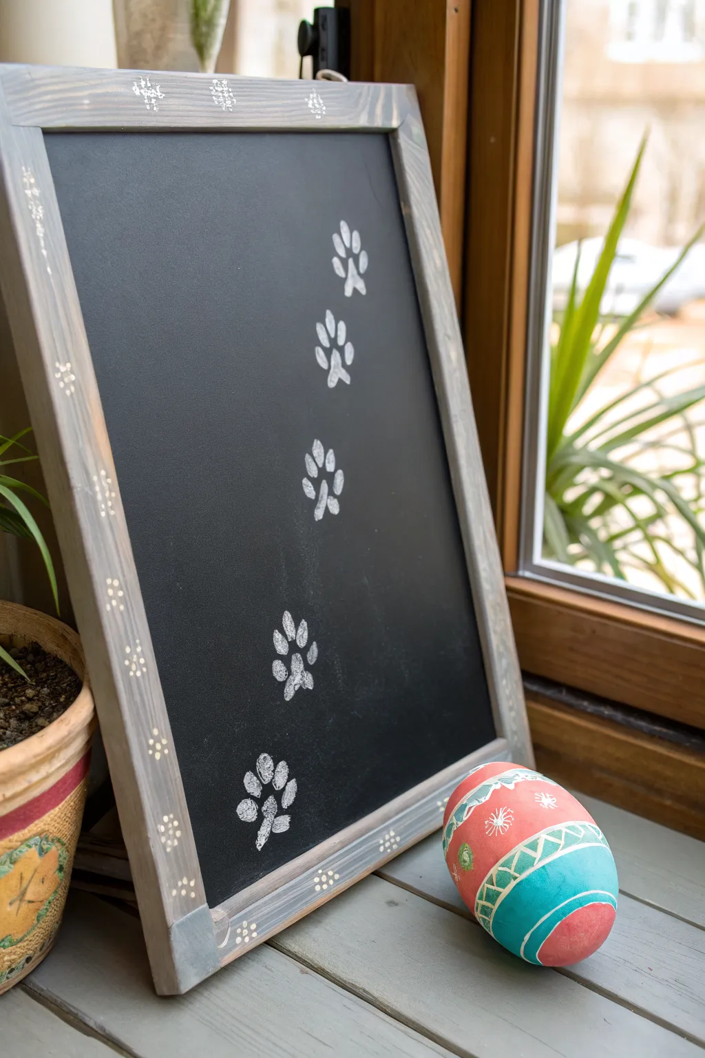 Minimal bunny footprint chalk trail hopping to a bold Easter egg, easy and cute board art