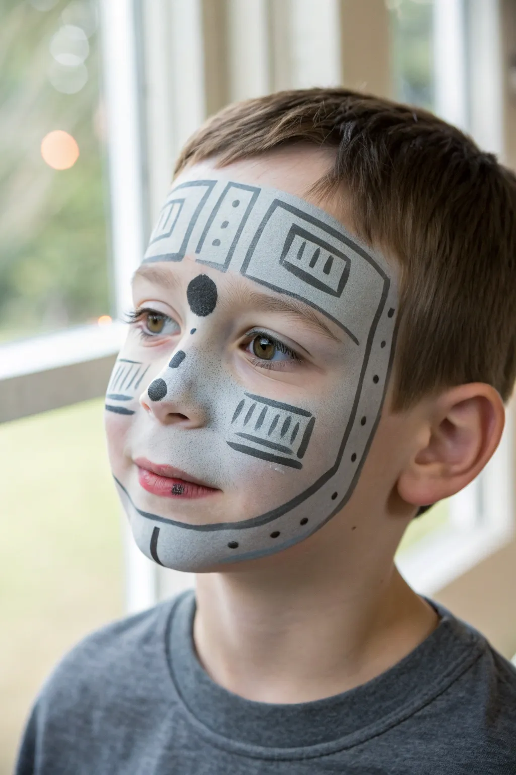 Robot panels and bolt dots: bold, clean face paint idea for boys with crisp black outlines