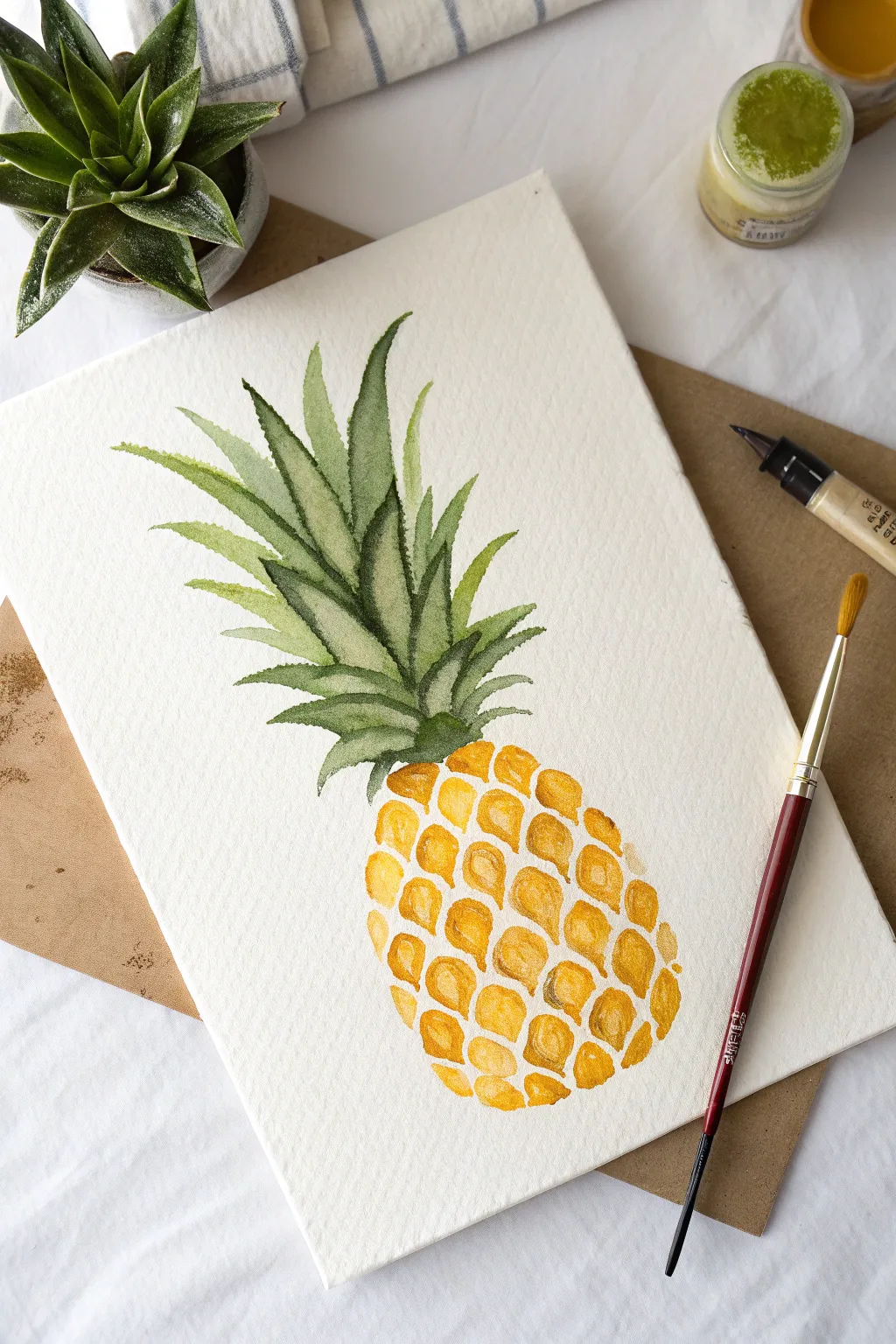 Easy pineapple painting idea with simple diamond scales and two-tone green leaves in bold color.