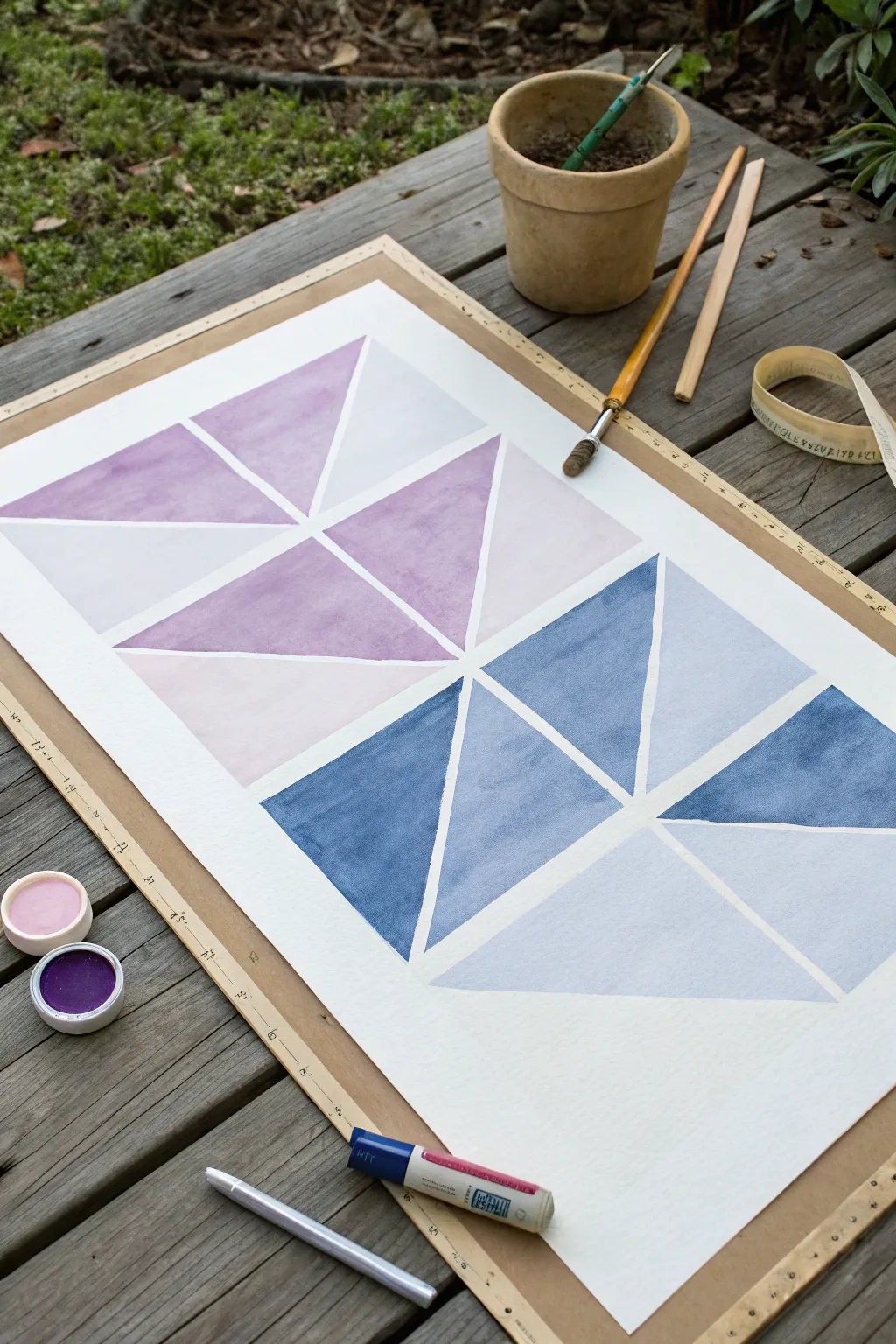 Calm geometric ombre fades inside taped shapes for an easy, dreamy minimalist painting idea