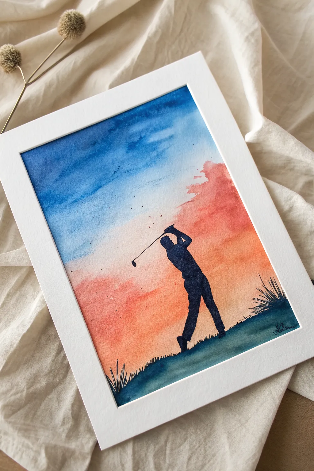 Negative space golfer painting with a bold sunset sky gradient, minimalist and easy to copy