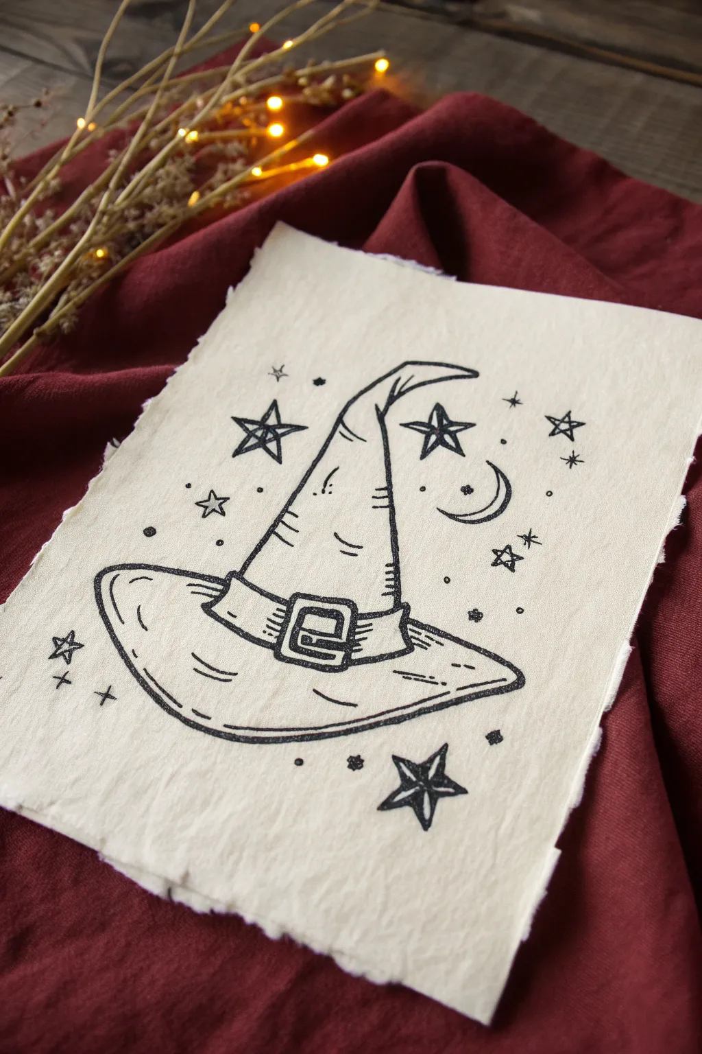 Easy goth drawing idea: witch hat with stars and safety pins in clean minimalist line art
