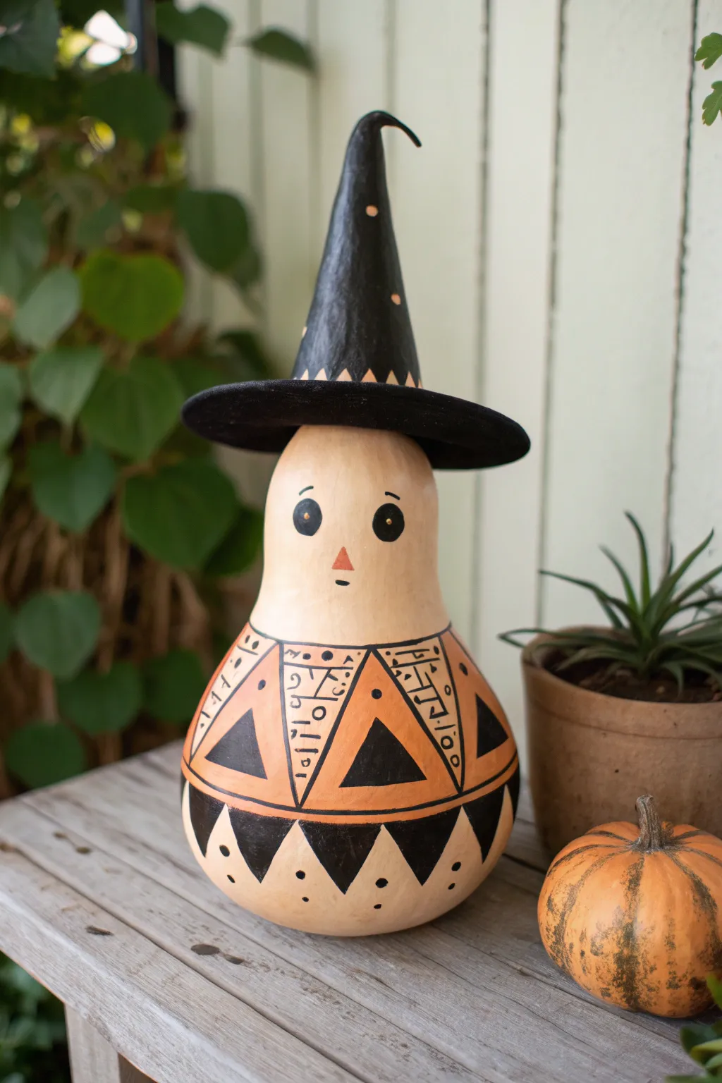 Paint a simple witch hat gourd with bold graphic shapes for chic minimalist fall decor