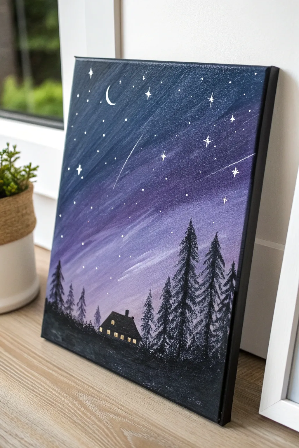 Swirly night sky canvas idea: bold indigo, dreamy stars, and a quick silhouette finish