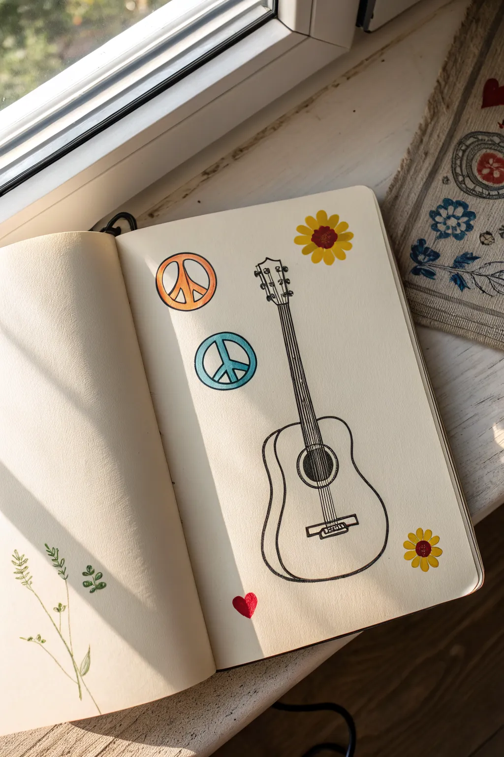 Easy hippie guitar doodle: simple outline with peace sign, daisy, and rainbow stickers