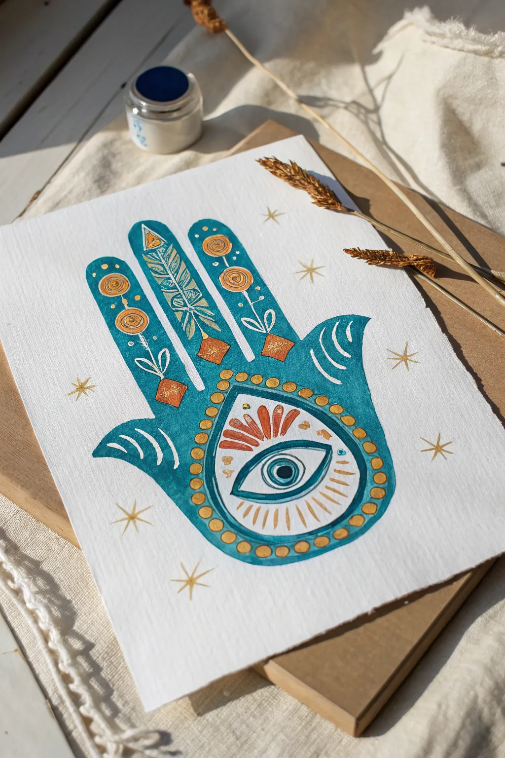 Easy boho Hamsa hand painting idea with simple swirls and a bold eye on a clean, minimal background